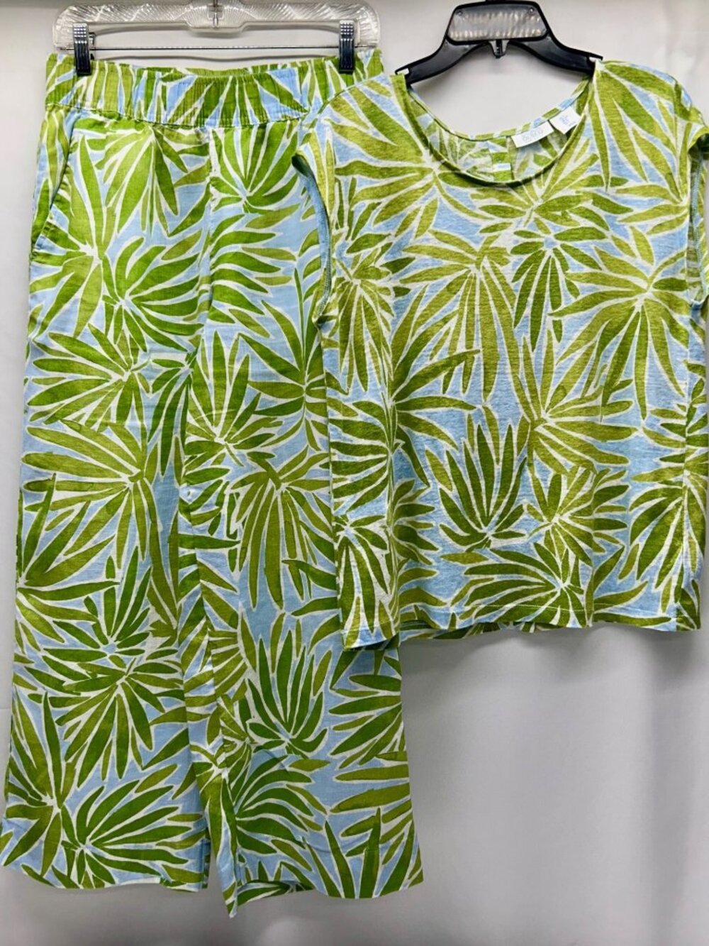Sigrid Olsen Tropical Leaf Print Linen Top & Wide-Leg Pants Set Green & Blue S - Picture 1 of 16